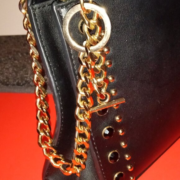 BLACK STUDDED CLUTCH SMALL PURSE WITH GOLD PLATED CHAIN HARDWARE - Picture 5 of 8
